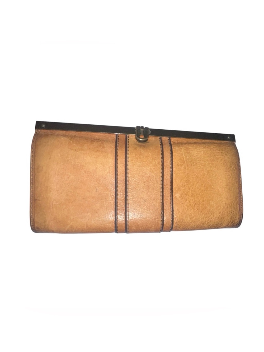 VTG Fossil Tan Leather Kiss Lock Frame Clutch Wallet